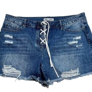 Distressed lace up denim cut off shorts
